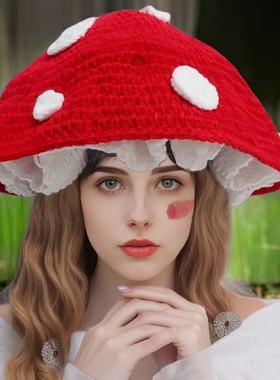 搞怪可爱蘑菇造型贝雷帽子女手工钩针红色波点花边渔夫帽秋冬盆帽