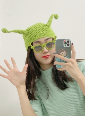 痞幼同款帽子抖音网红显白绿色触角款手工毛线编织怪物史莱克头套