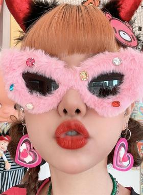 芭比Barbie同款毛绒带钻墨镜女生