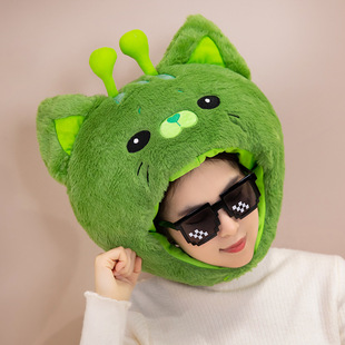 可爱搞怪绿色外星猫咪头套帽子卡通日韩卖萌毛绒头饰拍照表演道具