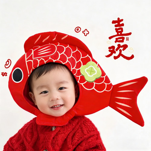 可爱新年红色喜庆锦鲤头套帽子女