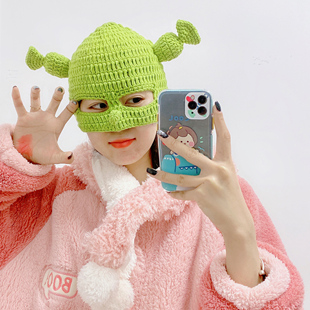 痞幼怪物史莱克帽子针织绿色搞怪卡通毛钱帽沙雕纯手工拍照头套女