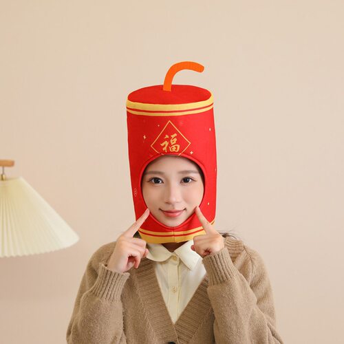 搞怪新年国潮鞭炮头套帽子女拍照