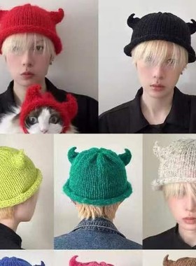搞怪小恶魔牛角套头帽子秋冬保暖毛线针织帽可爱男女潮人护耳冷帽