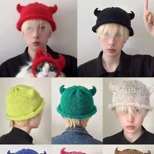 搞怪小恶魔牛角套头帽子秋冬保暖毛线针织帽可爱男女潮人护耳冷帽