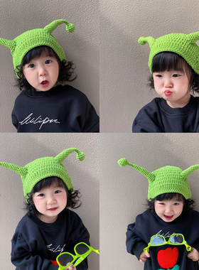 痞幼同款搞怪史莱克手工帽子绿色卡通秋冬保暖毛线帽儿童针织头帽
