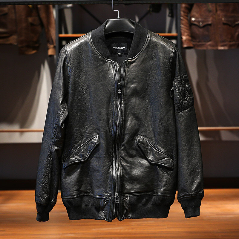 MA1夹克真皮皮衣男女新款立领日系复古水洗植鞣头层绵羊皮棒球服