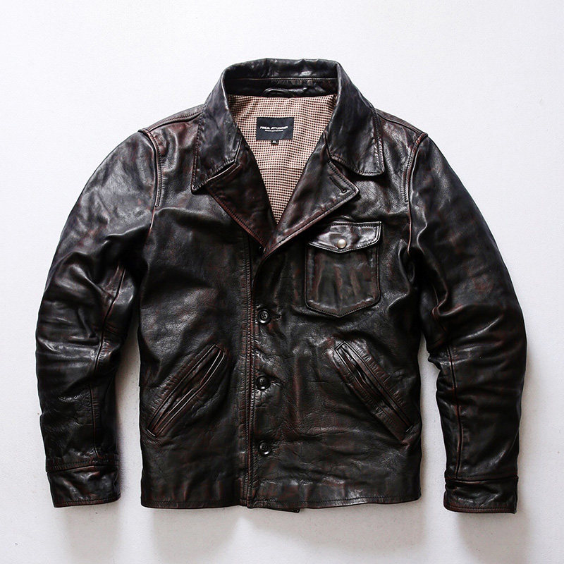 美式小熊头层茶芯马皮皮衣男机车帅气翻领单排扣休闲短款真皮夹克