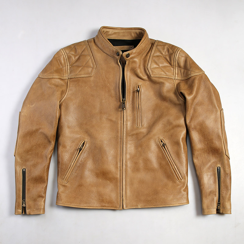 立领多兜机车真皮夹克肩膀菱形格男杏色黄牛皮皮衣