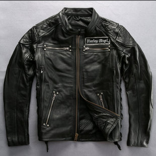 短款 HARLEY 牛皮修身 男 立领骑行机车皮外套 ANGEL骷髅真皮皮衣