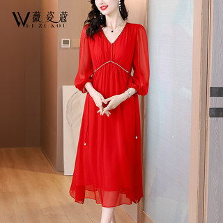 红色连衣裙2024新款女春夏季气质高级感洋气减龄桑蚕丝中长款裙子