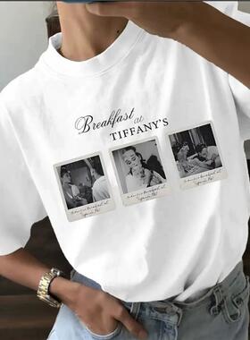 欧美风新款印花宽松休闲短袖T恤上衣 Printed loose T-shirt top