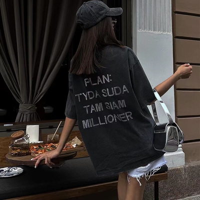 欧美风烫钻字母百搭圆领做旧水洗T恤 Oversize Crew Neck T-Shirt