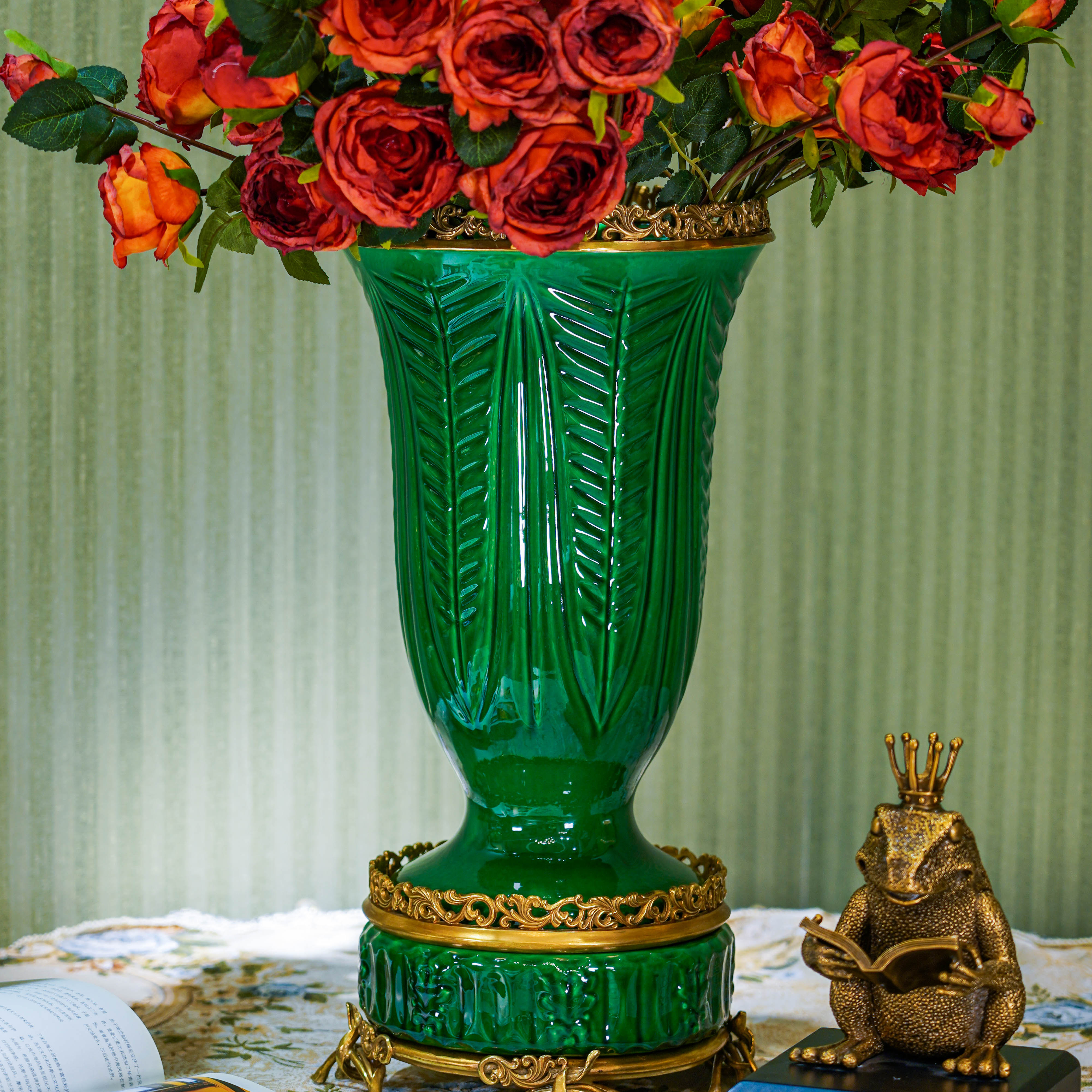 铜配陶瓷祖母绿座钟欧式复古美式花瓶玄关摆件天使落地大花器