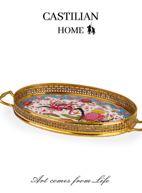 欧式复古黄铜托盘客厅玄关收纳盘餐桌茶盘香薰托盘装饰摆件C6341