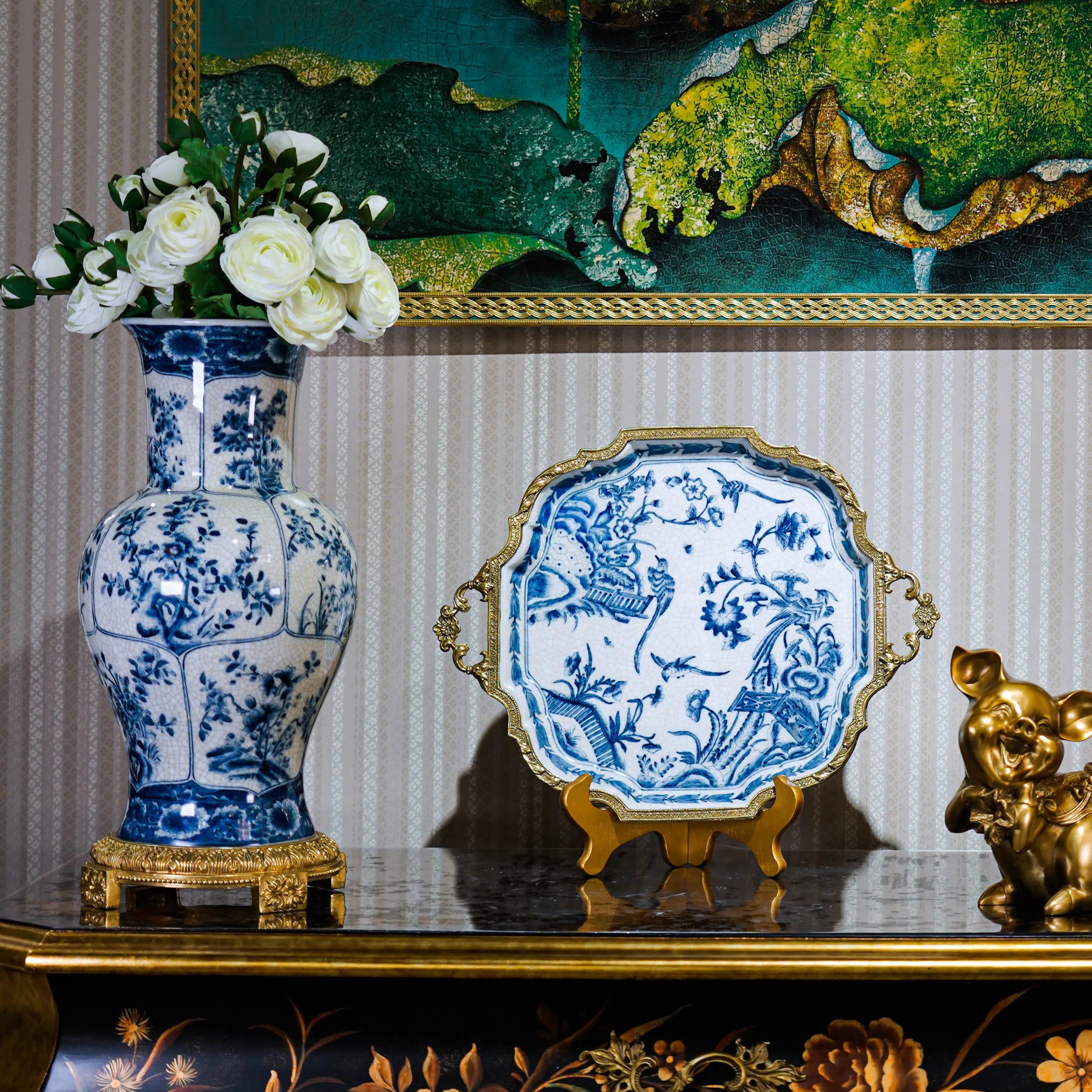 卡斯特兰欧式法式铜配陶瓷青花三层果盘托盘新中式插花花瓶C5906,家居饰品,桌面摆件,淘宝优惠券,粉丝福利购,淘宝优惠卷