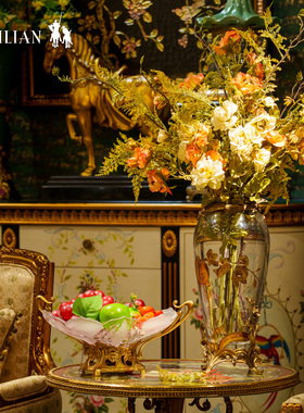 美式水晶镶铜插花瓶家居饰品桌面摆件客厅高档奢华花器组合C1182