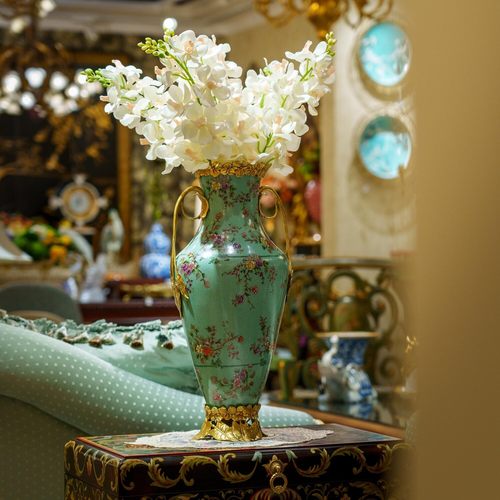 卡斯特兰北欧美式烛台摆件铜配陶瓷提篮插花花器客厅托盘C5637