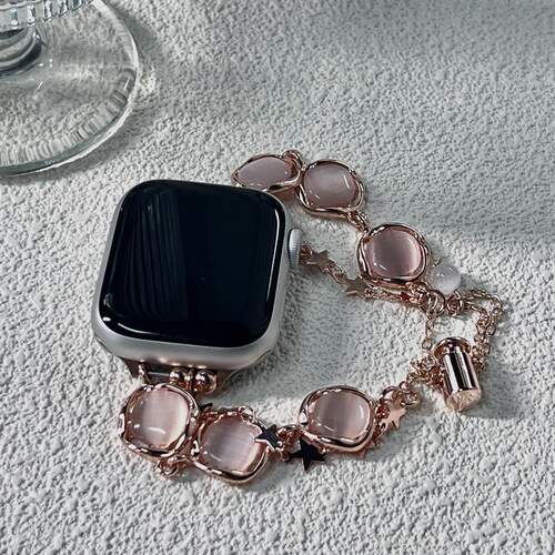 适用Applewatch苹果手表带iwatchS9代通用se猫眼石小众女金属表链