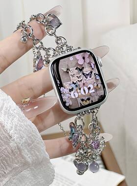 适用苹果表带AppleWatch紫色蝴蝶结金属链条款小红书iwatch手表带