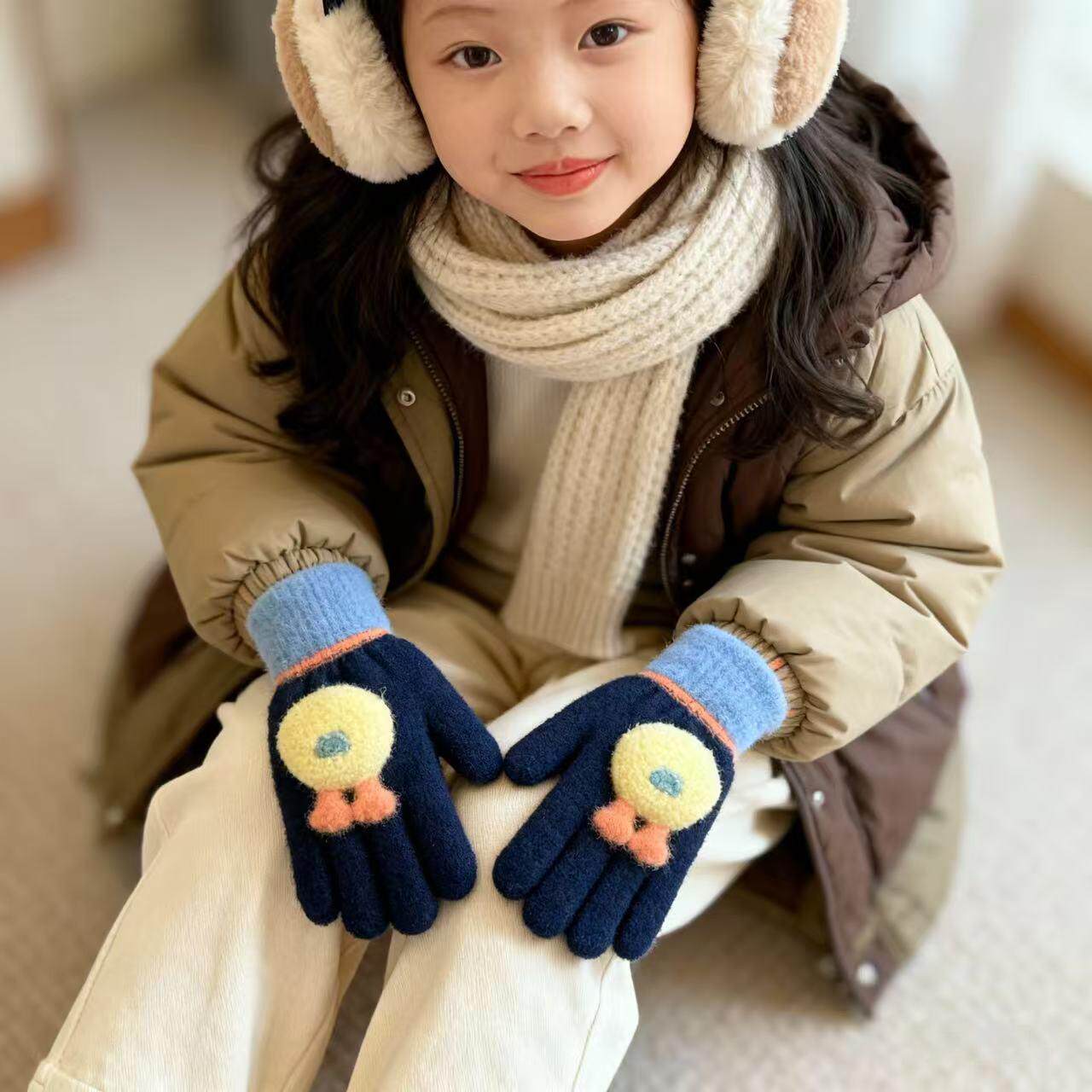 儿童五指手套男女小孩冬可爱卡通针织弹力分指幼儿园宝宝防寒保暖