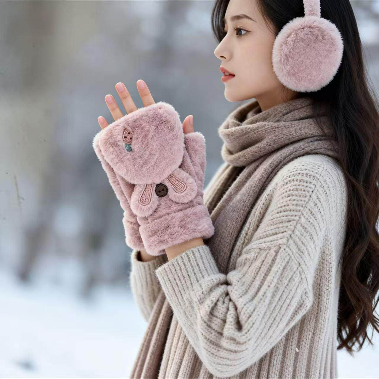 韩版可爱卡通软妹翻盖手套女秋冬天保暖加绒加厚半指露指防风骑行