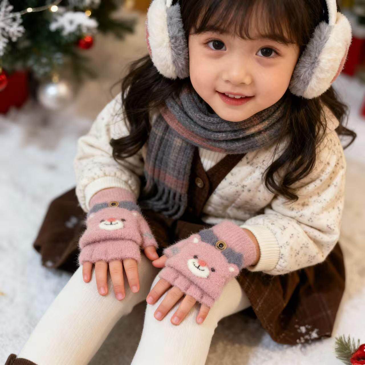 2-5岁秋冬保暖男女儿童两用毛线幼儿园写字半指翻盖针织手套露指4