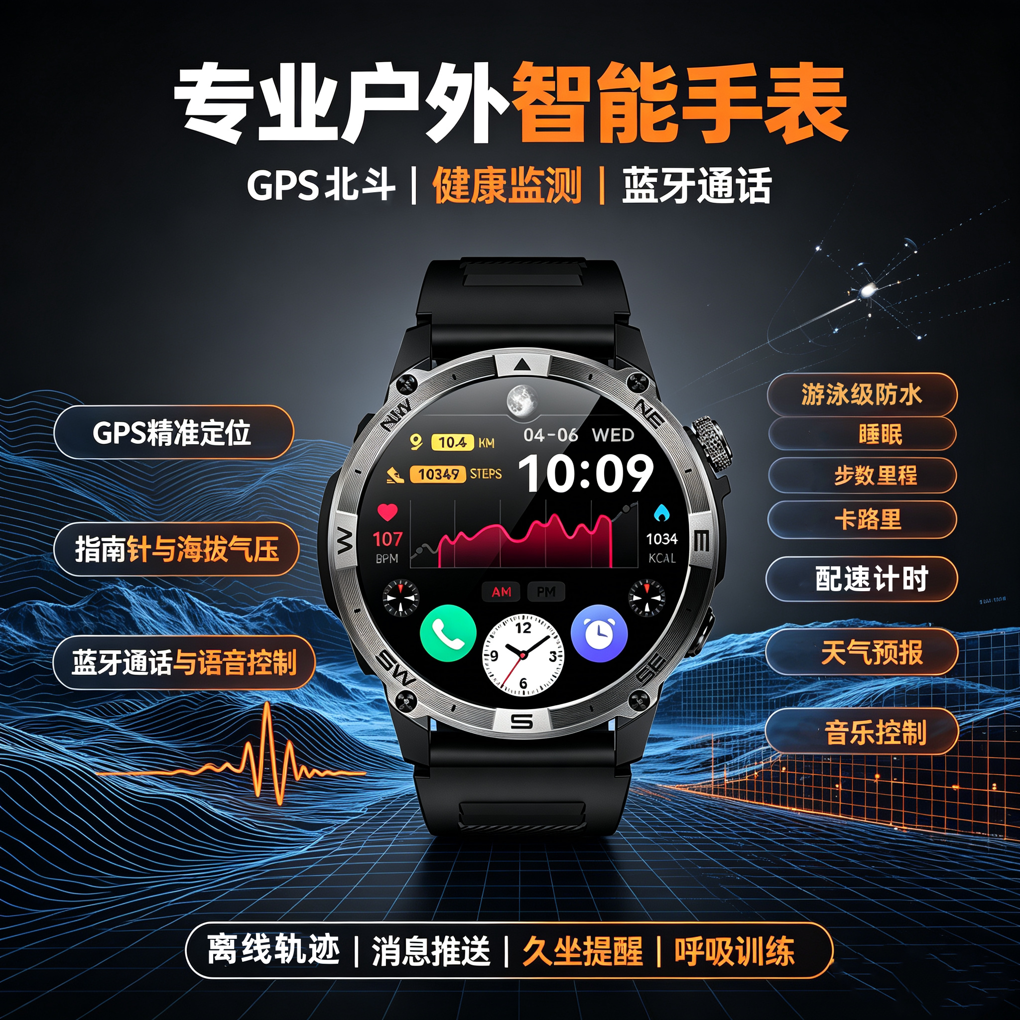 准舵GPS北斗登山海拔配速游泳跑步心率户外运动智能专用手表防水