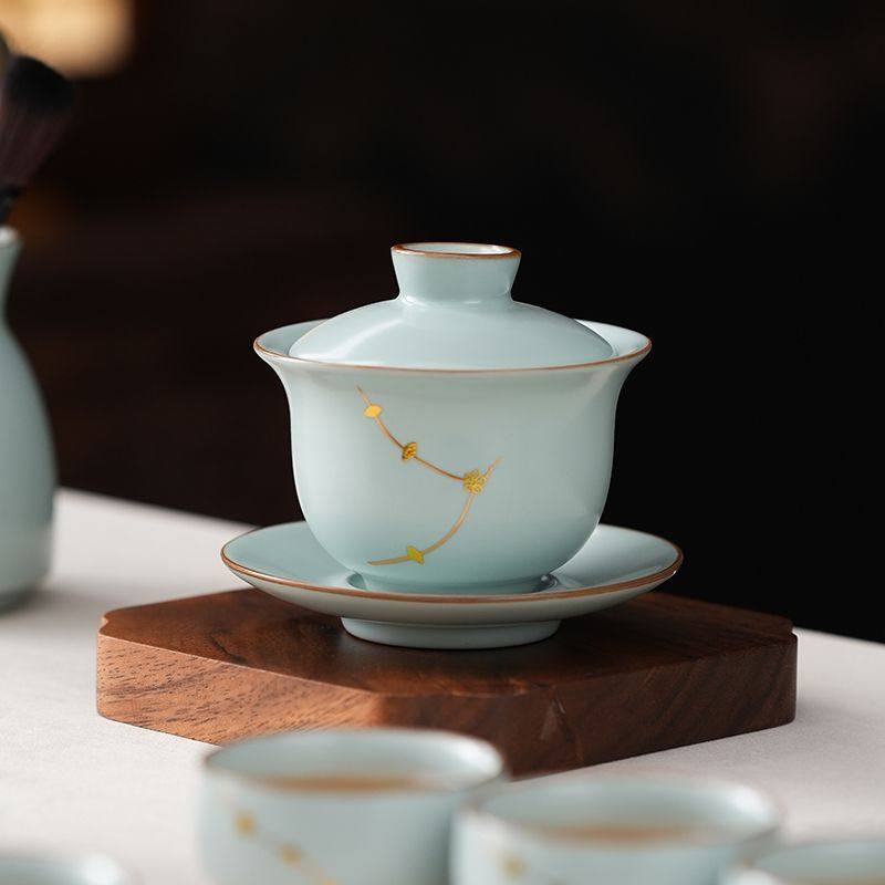 焗钉图天青汝窑盖碗家用办公会客泡茶壶三才盖碗功夫茶具茶杯整套,餐饮具,功夫茶具,淘宝优惠券,粉丝福利购,淘宝优惠卷