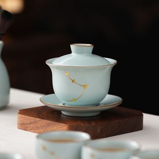焗钉图天青汝窑盖碗家用办公会客泡茶壶三才盖碗功夫茶具茶杯整套