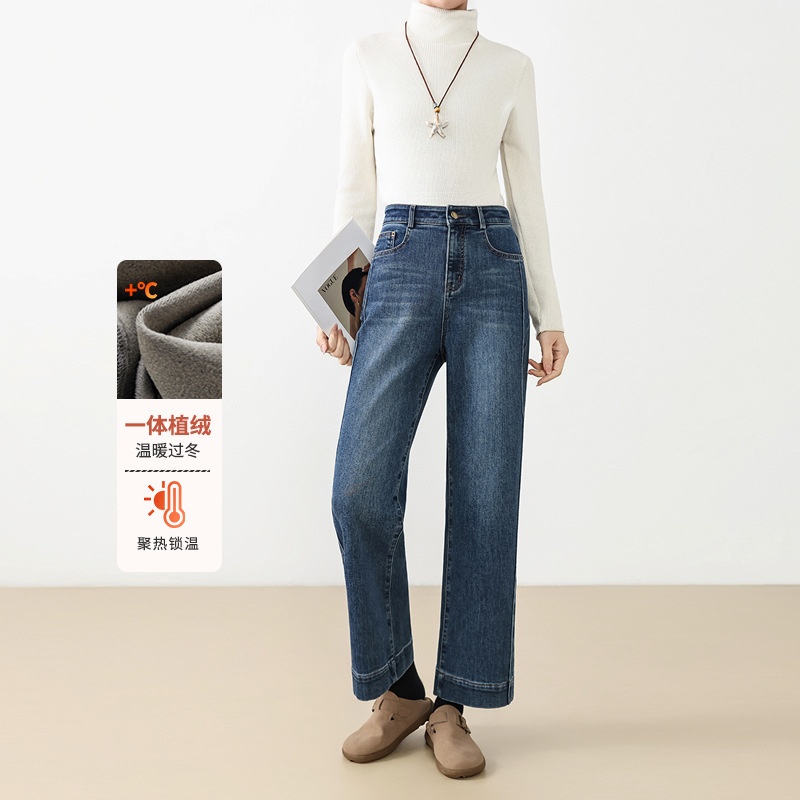 2025年冬季新款植绒牛仔九分裤女高腰宽松显瘦烟管裤小个子直筒裤