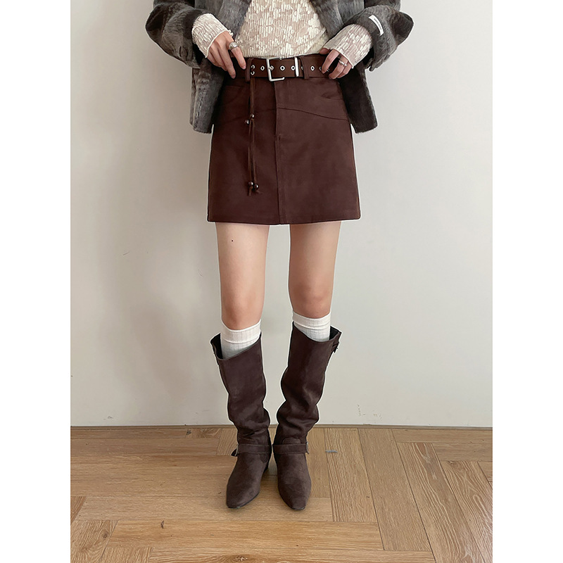 【中古生巧半裙】配流苏腰带仿麂皮绒短裙冬季a字半身裙n808c