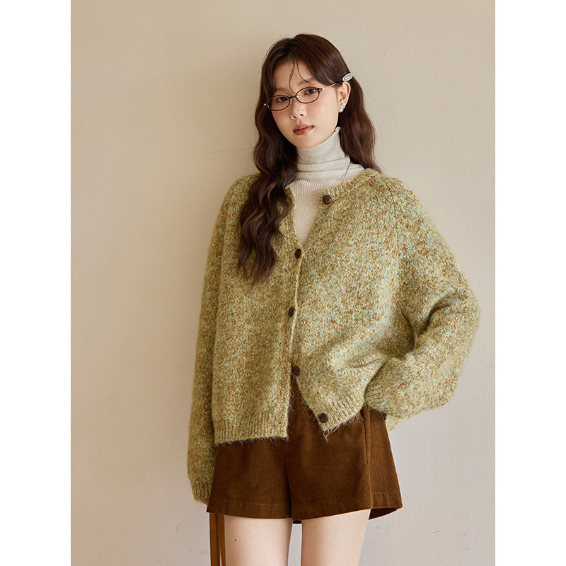 【松子花纱】复古彩纱花线圆领针织开衫女秋季新款毛衣j657c