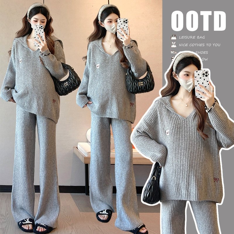 孕妇套装秋冬2025新款韩版孕期穿搭灰色洋气针织毛衣裤子两件套女