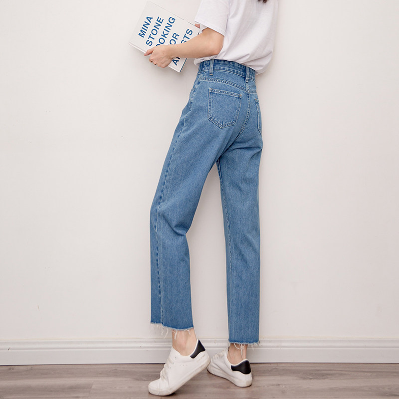 韩版小个子学生高腰显瘦显高宽松阔腿九分牛仔裤女浅色毛边直筒裤