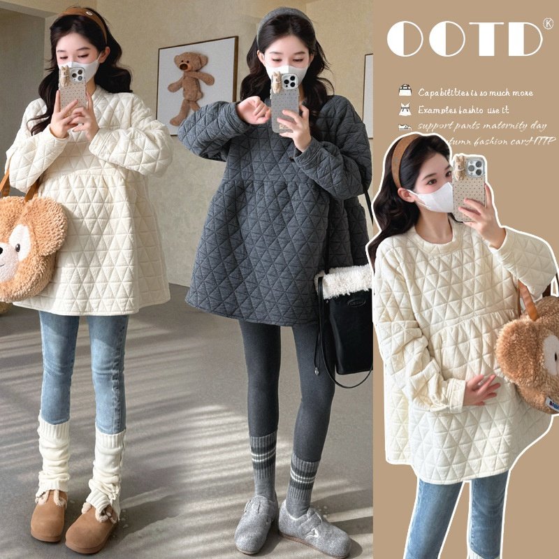 实拍2025新款冬季孕妇韩版显瘦菱格夹棉保暖卫衣中长款娃娃衫孕妇