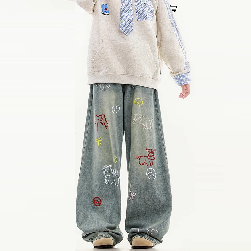 D9065港风气质趣味卡通刺绣牛仔裤女春秋新款水洗百搭阔腿牛仔裤