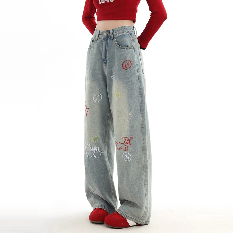 D9065趣味卡通通勤个性直筒牛仔裤女春秋新款小众百搭阔腿牛仔裤