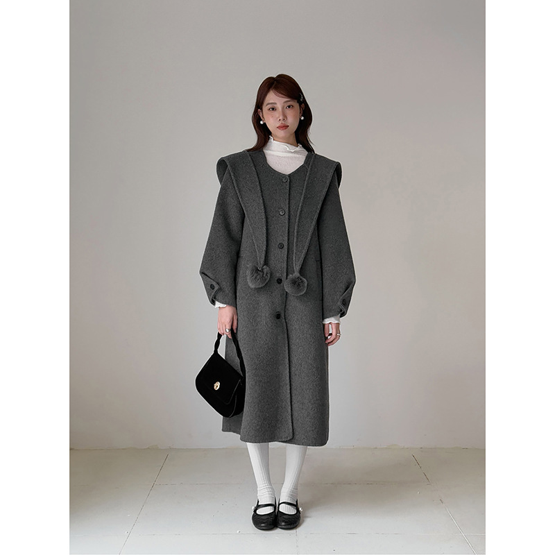 【留洋千金 帽子披肩】双面羊毛呢子大衣女冬季长款外套n792c