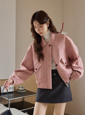 【香榭丽舍粉色密语】复古翻领短款夹克外套女秋季上衣n678c