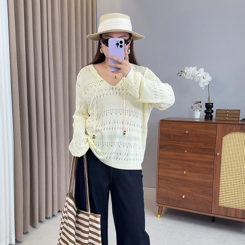 秋季新款大码女装胖妹妹200斤设计感系带镂空圆领针织衫f529