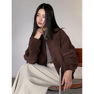 美式复古皮领拼接仿麂皮外套2女025秋季新款机车服n426c