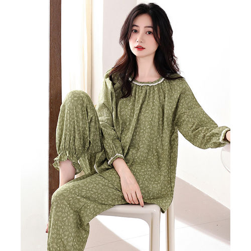 睡衣女春秋款纯棉长袖女款秋季全棉薄款中年妈妈秋冬可外穿家居服