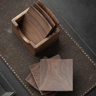 黑胡桃木四方杯垫带收纳盒实木隔热垫茶杯托茶碟茶道茶托