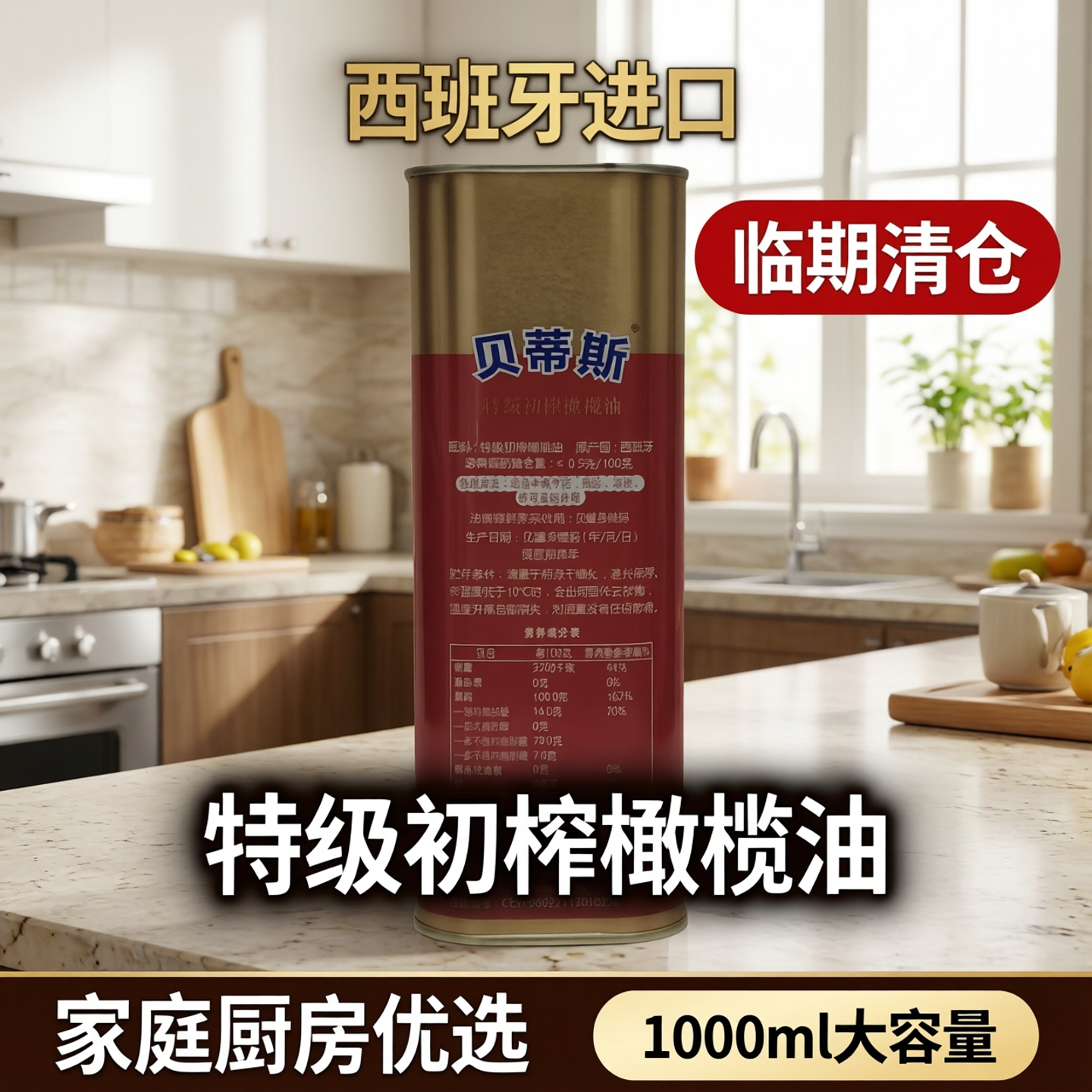 临期清仓 西班牙进口贝帝斯橄榄油1000ml铁罐家庭厨房烹饪食用油