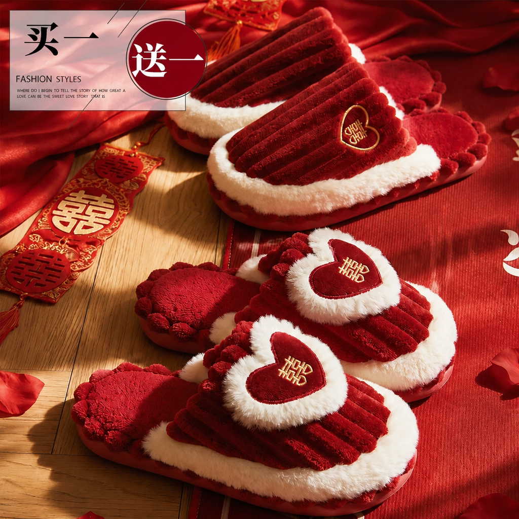 红色棉拖鞋结婚一对新婚情侣新娘陪嫁防滑软底备婚喜庆结婚拖鞋冬
