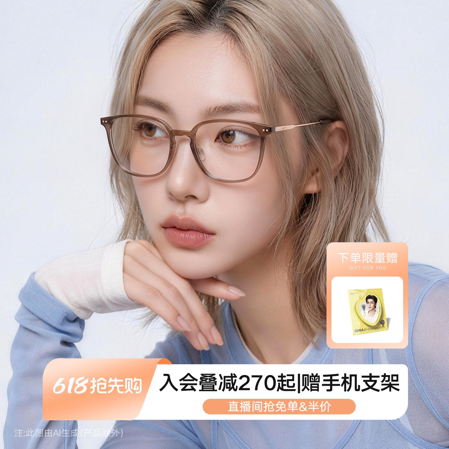 QINA亓那2026新款素颜黑框显白冷茶色近视眼镜女个性镜框男QJ5216