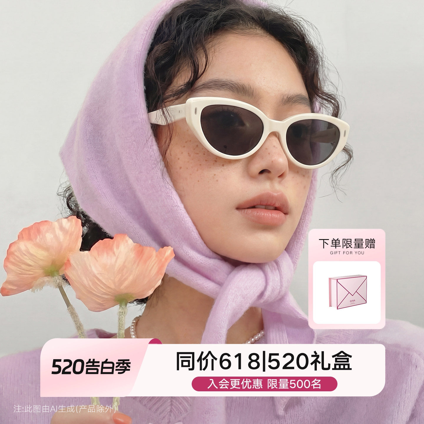 QINA亓那520礼物侯明昊同款猫眼墨镜女奶白框防晒太阳镜男QN