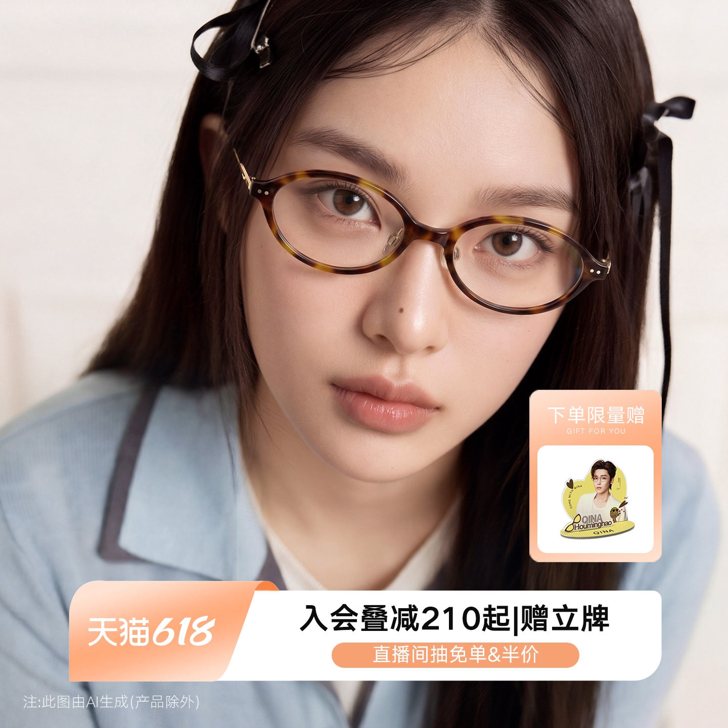 QINA亓那2026年新款素颜书呆子椭圆框玳瑁色近视眼镜女男QJ5215