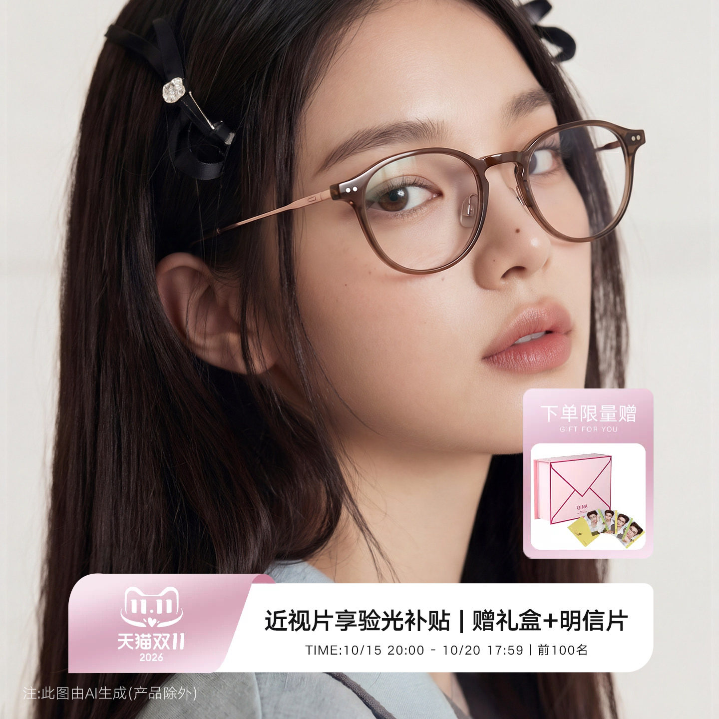 【侯明昊同款】QINA亓那素颜眼镜透棕色显白近视女镜架男QJ5211